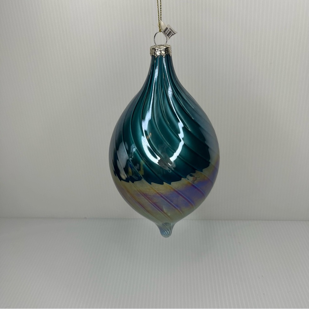Glass Teardrop Ornament Blue Green Iridescent Christmas Tree Decor Stripe Swirl